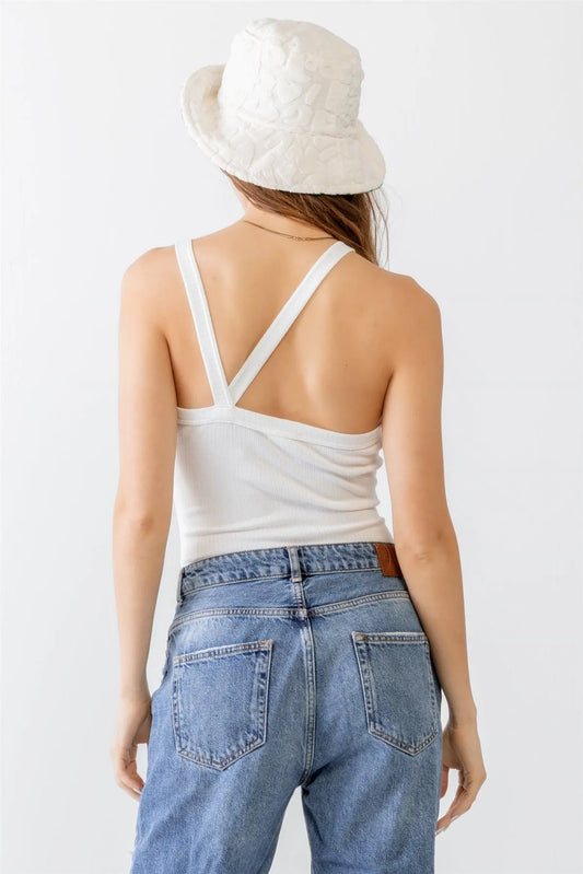 Off-White Ribbed V Strap Back Bodysuit /1-2-2-1 - Tasha Apparel Wholesale