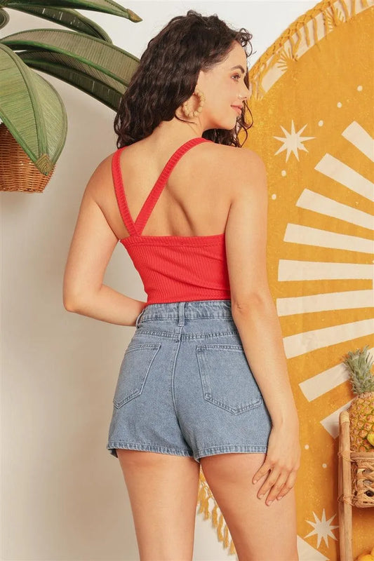 Red Ribbed V Strap Back Bodysuit /1-2-2-1 - Tasha Apparel Wholesale