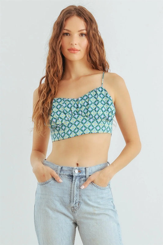 Blue & Lime Abstract Satin Sleeveless Crop Top /1-2-2-1 - Tasha Apparel Wholesale