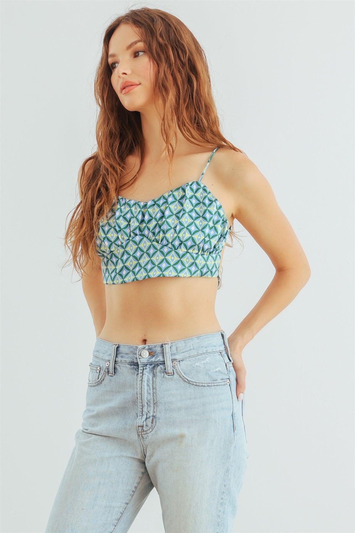 Blue & Lime Abstract Satin Sleeveless Crop Top /1-2-2-1