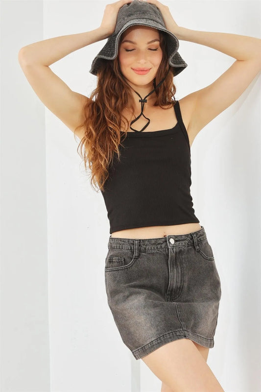 Black Ribbed Strappy Crop Tank Top /1-2-2-1 - Tasha Apparel Wholesale