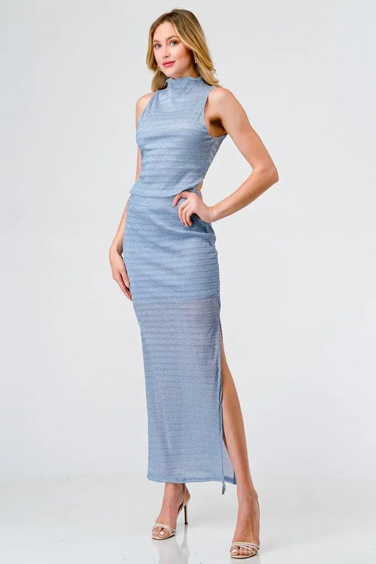 Blue & Purple Shiny Sleeveless Open Back Crop Top & High Waist Midi Skirt Set /1-2-2-1 - Tasha Apparel Wholesale