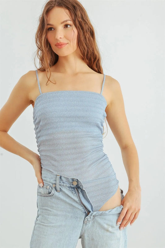 Blue & Purple Shiny Sleeveless Strappy Ruched Bodysuit /1-2-2-1 - Tasha Apparel Wholesale
