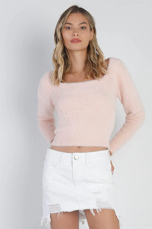 Blush Fluffy Square Neck Long Sleeve Sweater /3-2-1 - Tasha Apparel Wholesale