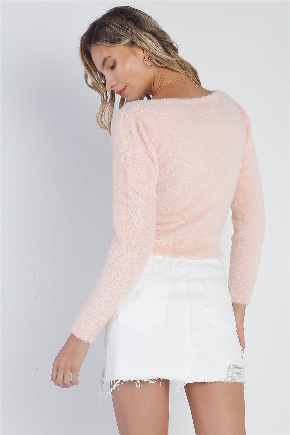 Blush Fluffy Square Neck Long Sleeve Sweater /4-1-1