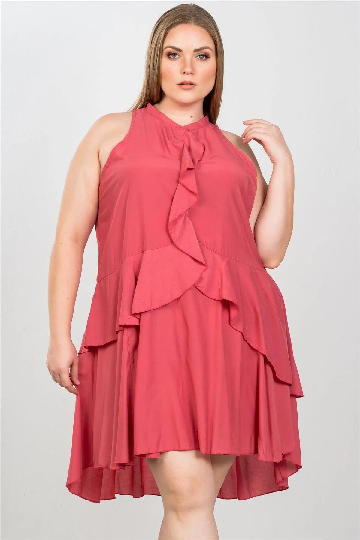 Junior Plus Size Baked Blush Draped-Ruffle Front Sleeveless Swing Midi Dress / 2-2-2 - Tasha Apparel Wholesale