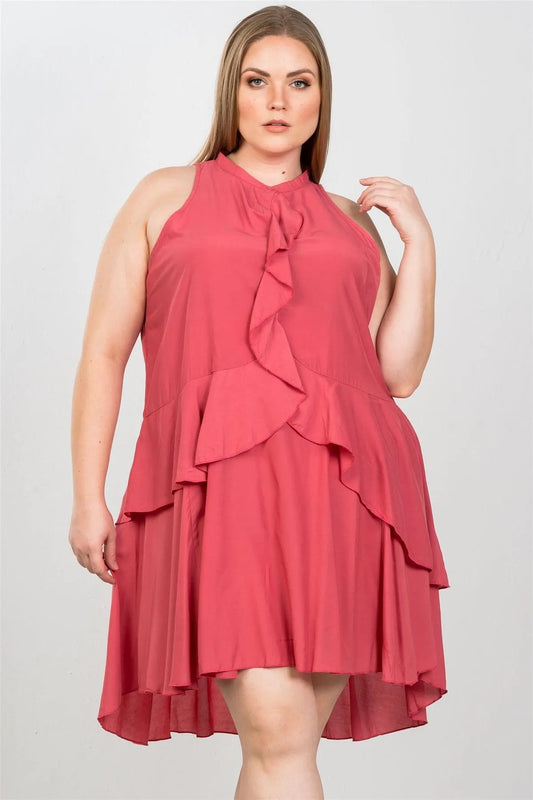 Junior Plus Size Baked Blush Draped-Ruffle Front Sleeveless Swing Midi Dress / 2-2-2 - Tasha Apparel Wholesale