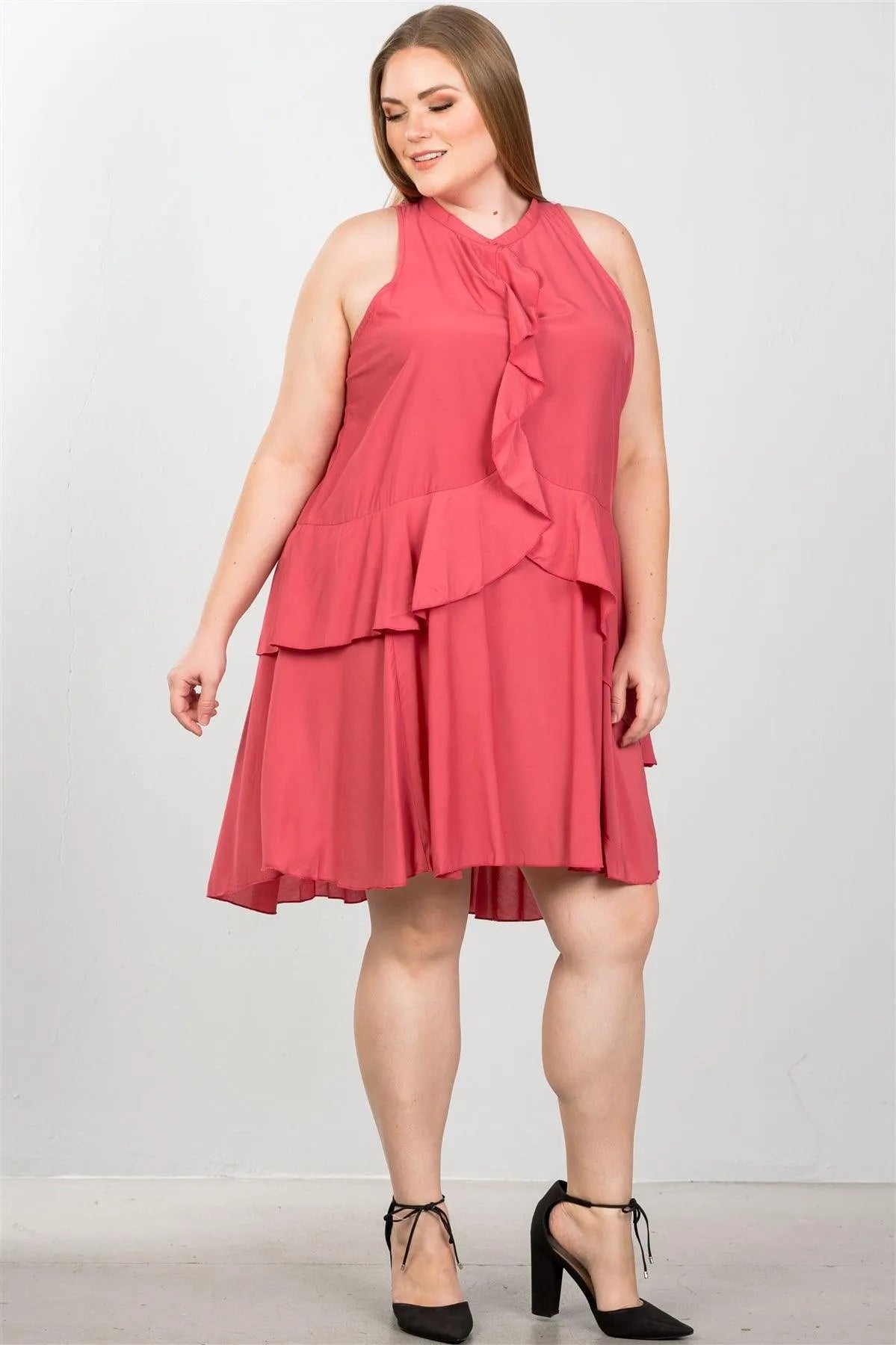 Junior Plus Size Baked Blush Draped-Ruffle Front Sleeveless Swing Midi Dress / 2-2-2 - Tasha Apparel Wholesale
