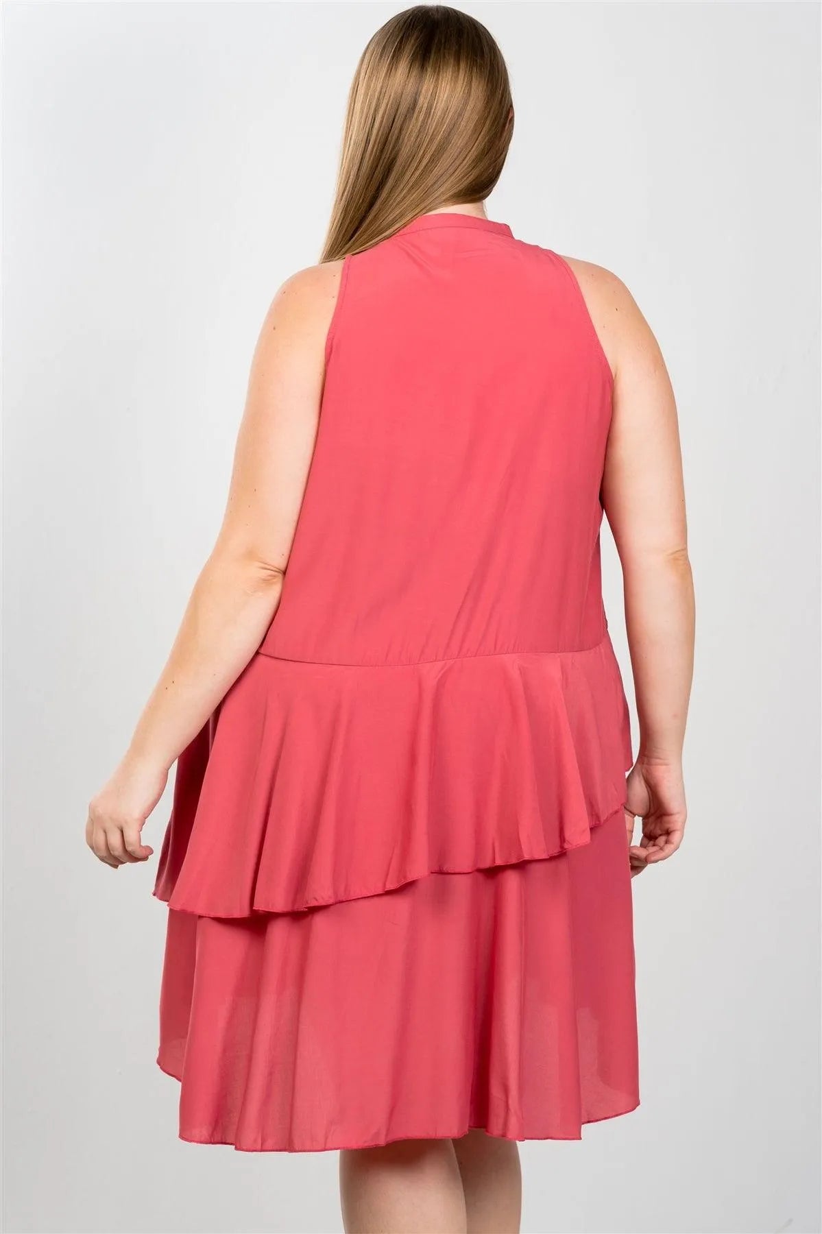 Junior Plus Size Baked Blush Draped-Ruffle Front Sleeveless Swing Midi Dress / 2-2-2 - Tasha Apparel Wholesale