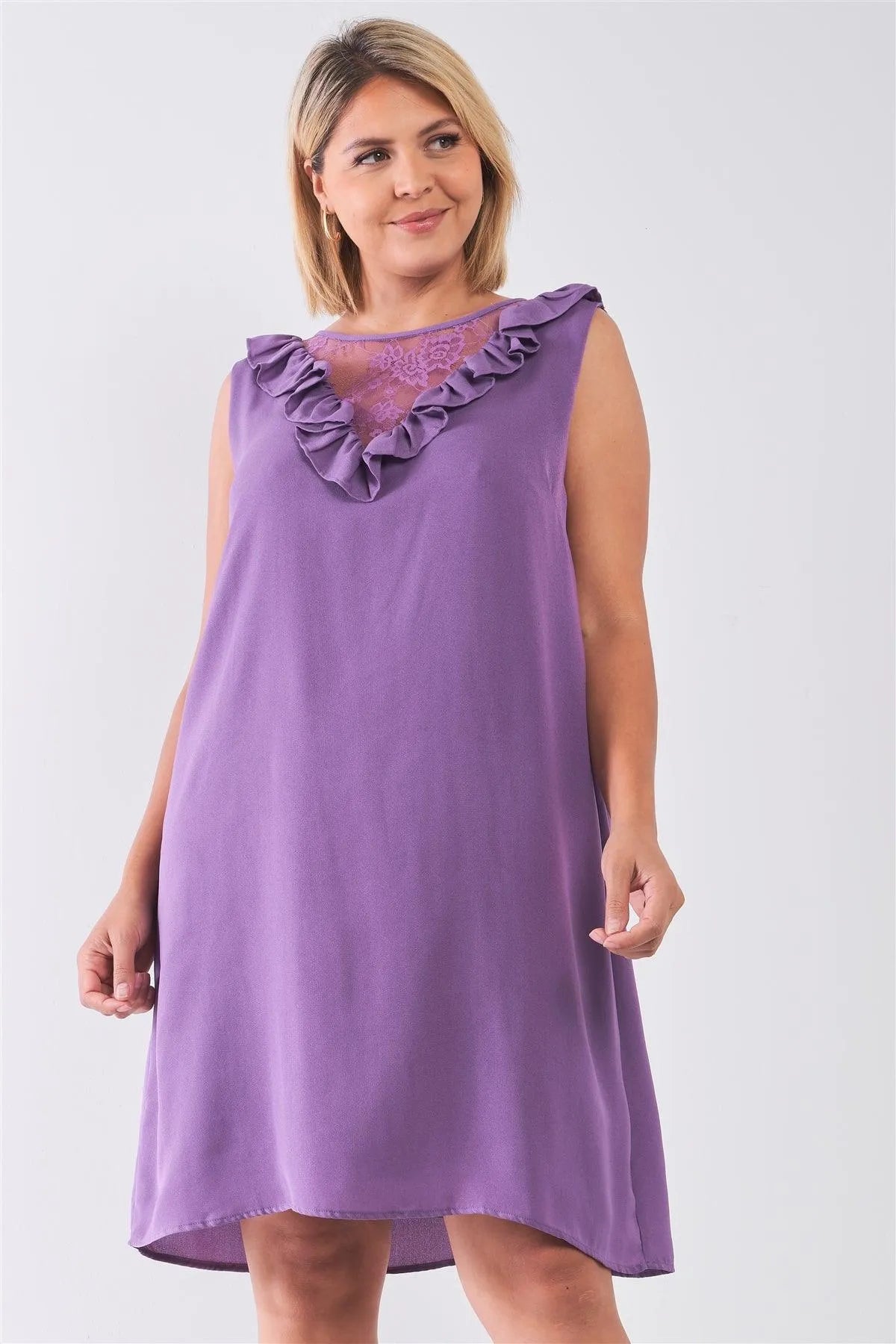 Junior Plus Size Purple Lace Insert Shift Mini Dress /2-2-2 - Tasha Apparel Wholesale