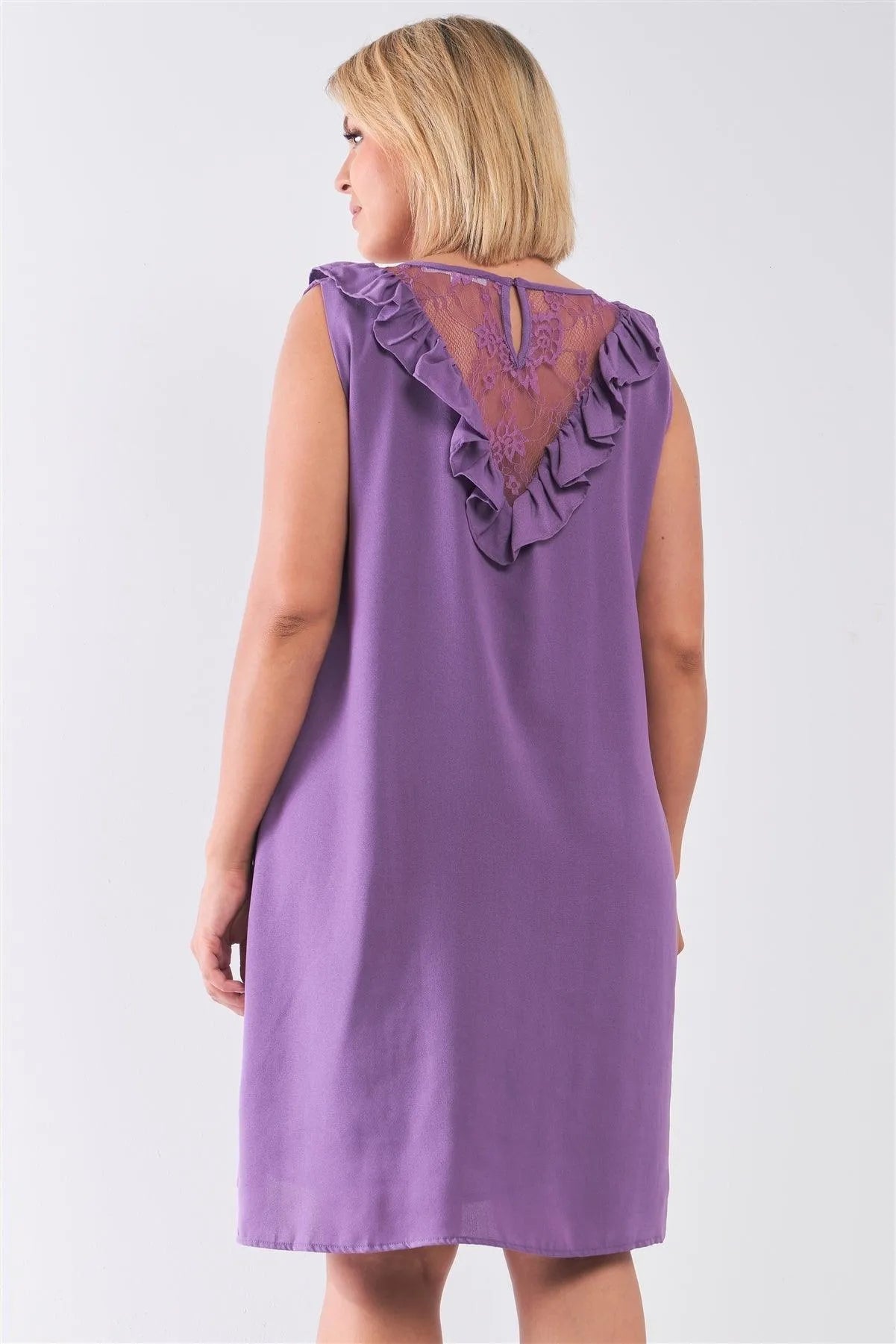 Junior Plus Size Purple Lace Insert Shift Mini Dress /2-2-2 - Tasha Apparel Wholesale