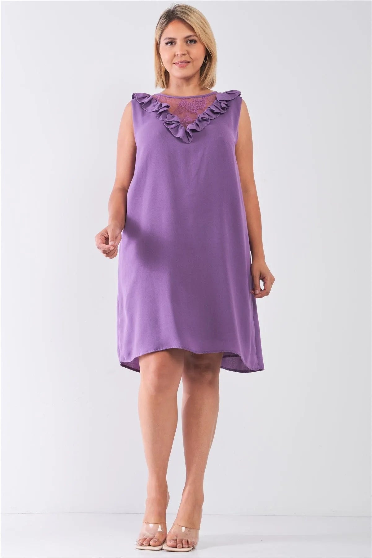 Junior Plus Size Purple Lace Insert Shift Mini Dress /2-2-2 - Tasha Apparel Wholesale