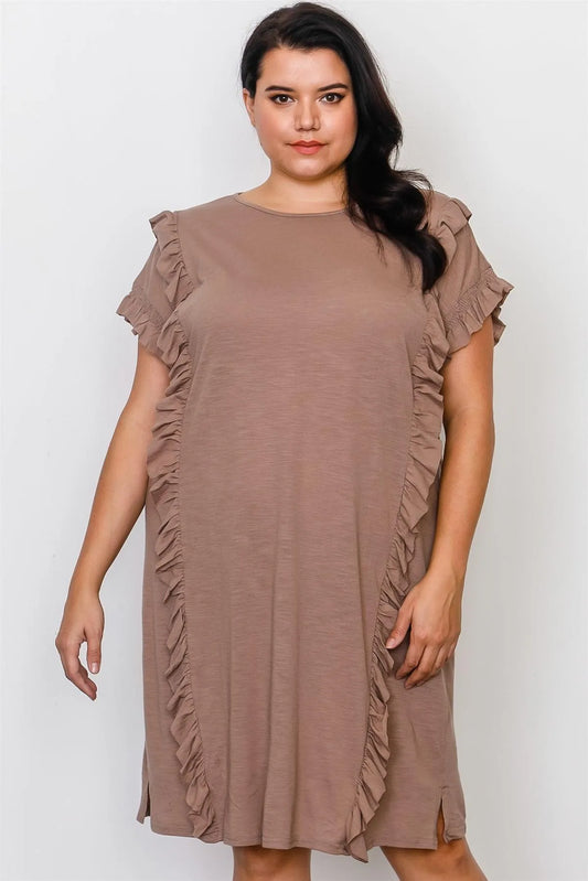 Junior Plus Size Mocha Ruffle Front Midi Dress / 2-2-2 - Tasha Apparel Wholesale