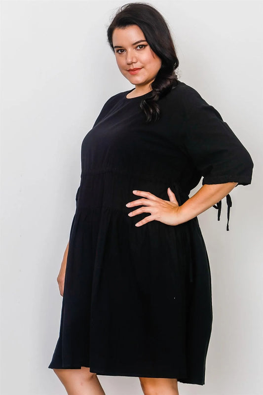 Junior Plus Size Black Tie Sleeve Loose Midi Dress / 2-2-2 - Tasha Apparel Wholesale