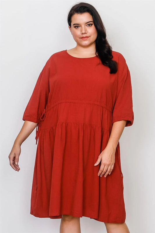 Junior Plus Size Rust Tie Sleeve Loose Midi Dress /2-2-2 - Tasha Apparel Wholesale