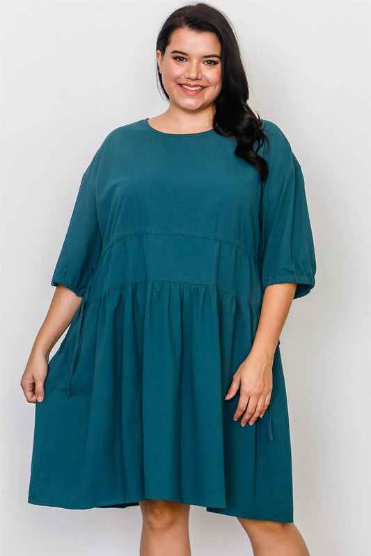 Junior Plus Size Teal Tie Sleeve Loose Midi Dress / 2-2-2 - Tasha Apparel Wholesale