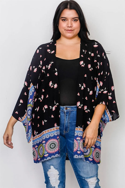 Plus Size Black Mix Print Open Front Kimono / 2-2-2 - Tasha Apparel Wholesale