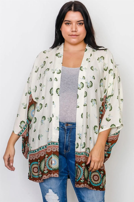 Plus Size Cream Mix Print Open Front Kimono / 2-2-2 - Tasha Apparel Wholesale