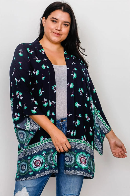 Plus Size Navy Mix Print Open Front Kimono /2-2-2 - Tasha Apparel Wholesale