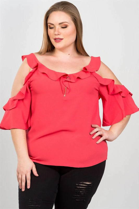 Plus Size Coral Cold Shoulder Ruffle Zipper O-Ring Top /2-2-2 - Tasha Apparel Wholesale