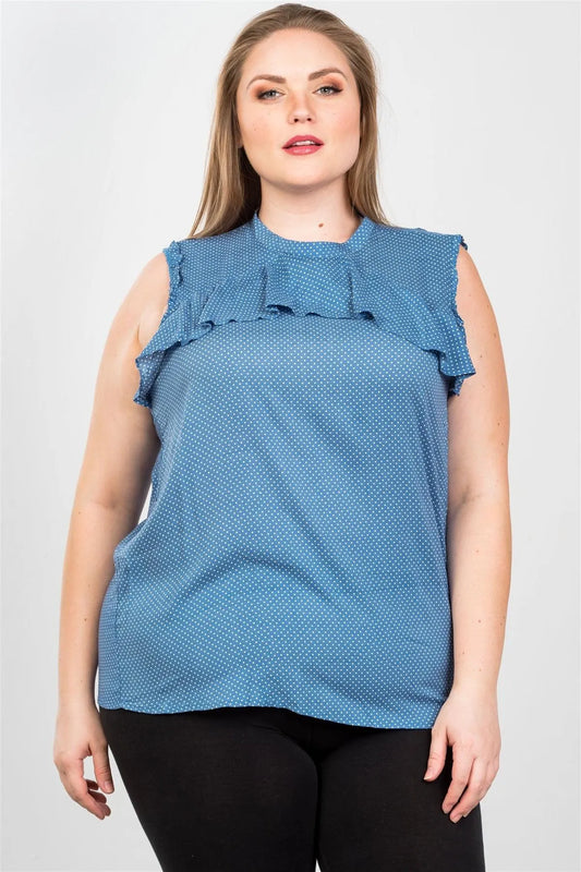 Blue Plus Size Ruffle Polka Dot Bow Back Sleeveless Top - Tasha Apparel Wholesale