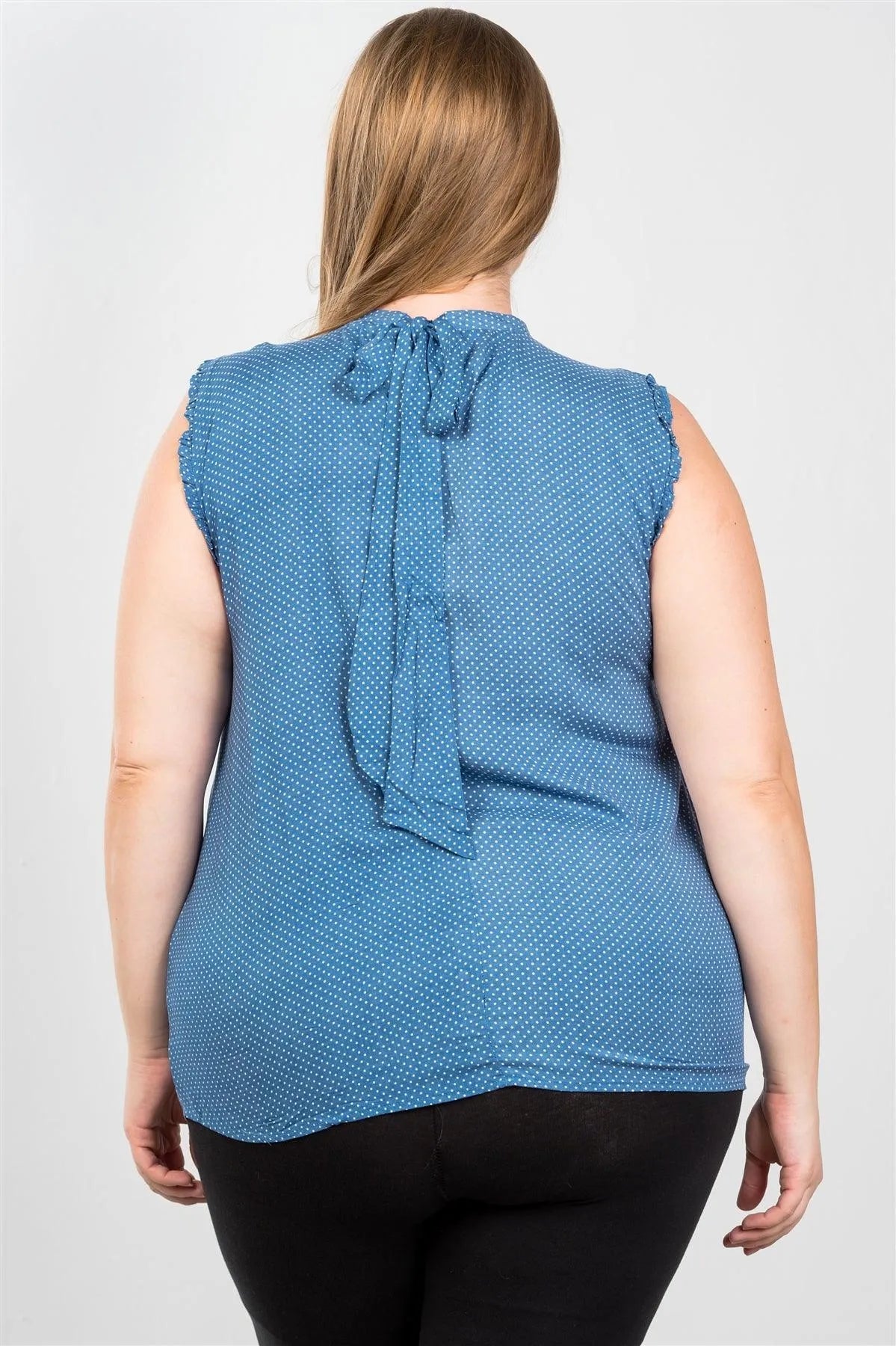 Blue Plus Size Ruffle Polka Dot Bow Back Sleeveless Top /1-2 - Tasha Apparel Wholesale