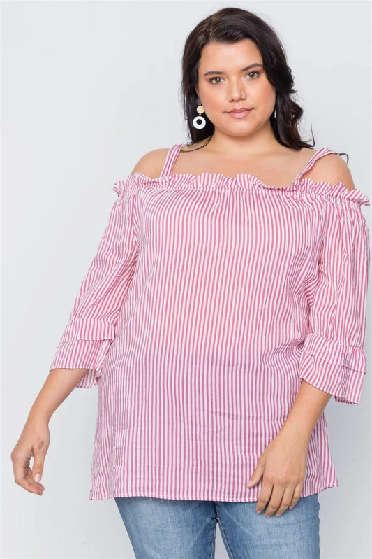 Boho Fuchsia Plus Size Striped Cold-Shoulder Top /2-3 - Tasha Apparel Wholesale