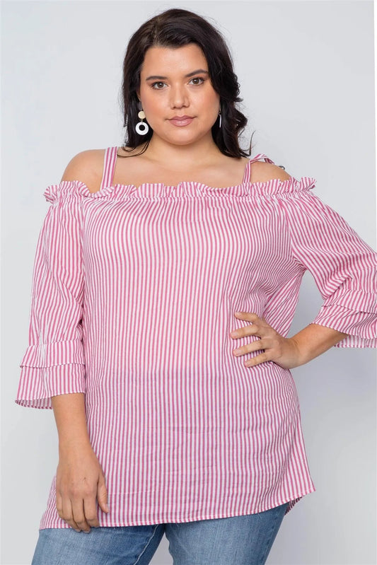 Boho Fuchsia Plus Size Striped Cold-Shoulder Top /2-2-2 - Tasha Apparel Wholesale