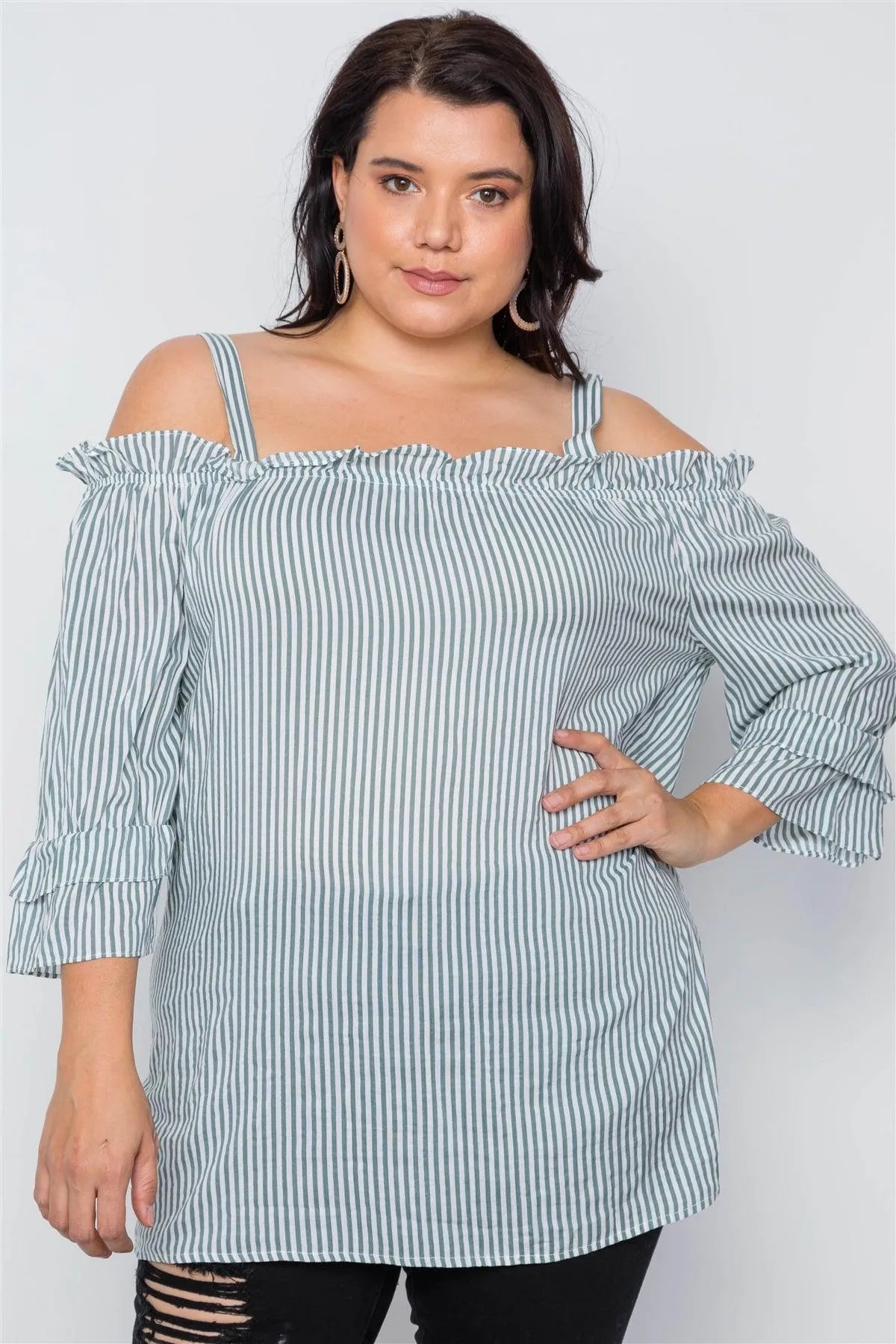 Boho Olive Plus Size Striped Cold-Shoulder Top /1-2-3 - Tasha Apparel Wholesale