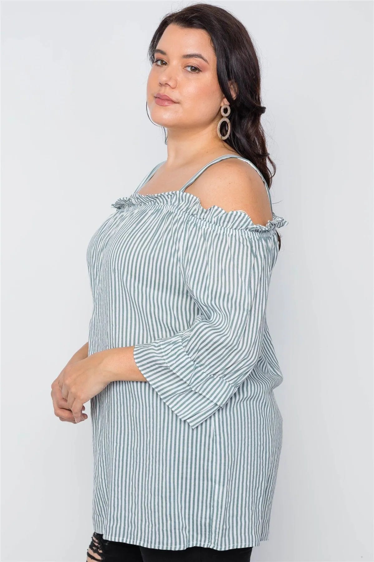 Boho Olive Plus Size Striped Cold-Shoulder Top /1-2-3 - Tasha Apparel Wholesale