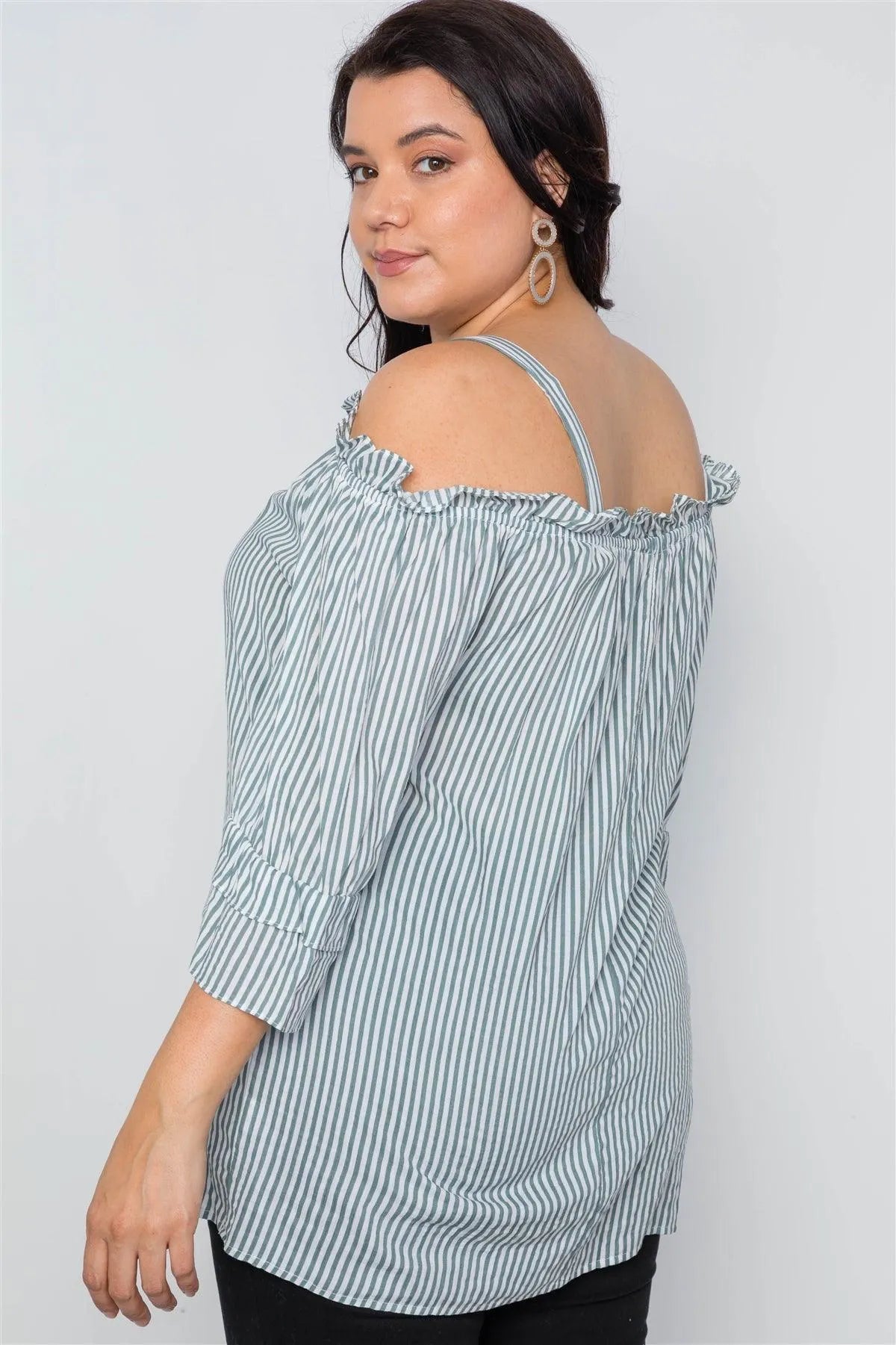 Boho Olive Plus Size Striped Cold-Shoulder Top /1-2-3 - Tasha Apparel Wholesale