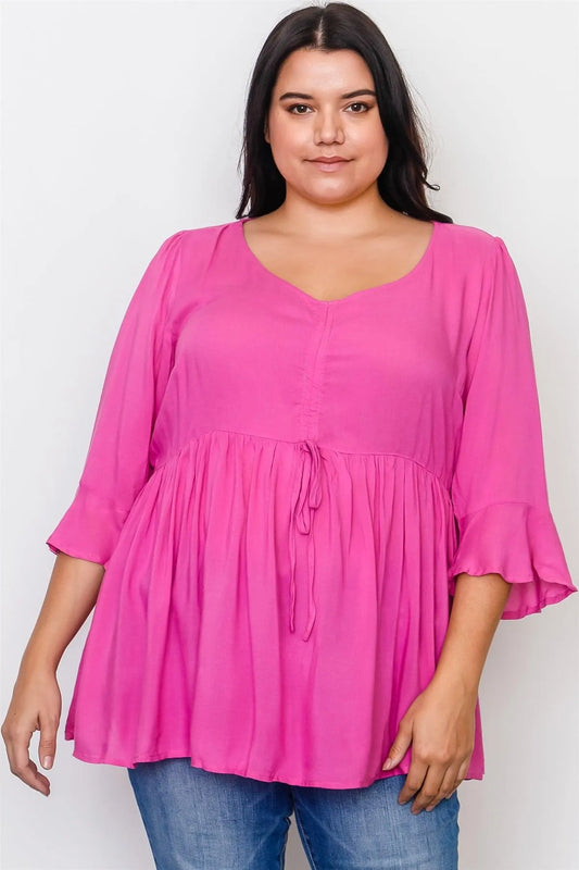 Plus Size Magenta Front Drawstring Babydoll Top / 2-2-2 - Tasha Apparel Wholesale