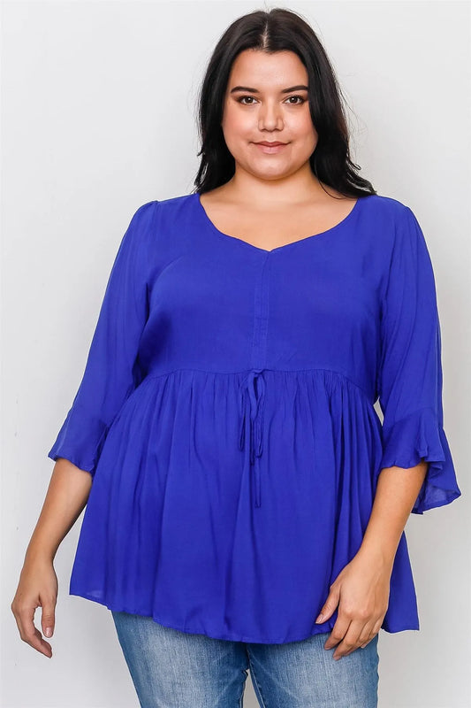 Boho Plus Size Royal Front Drawstring Babydoll Top / 2-2-2 - Tasha Apparel Wholesale