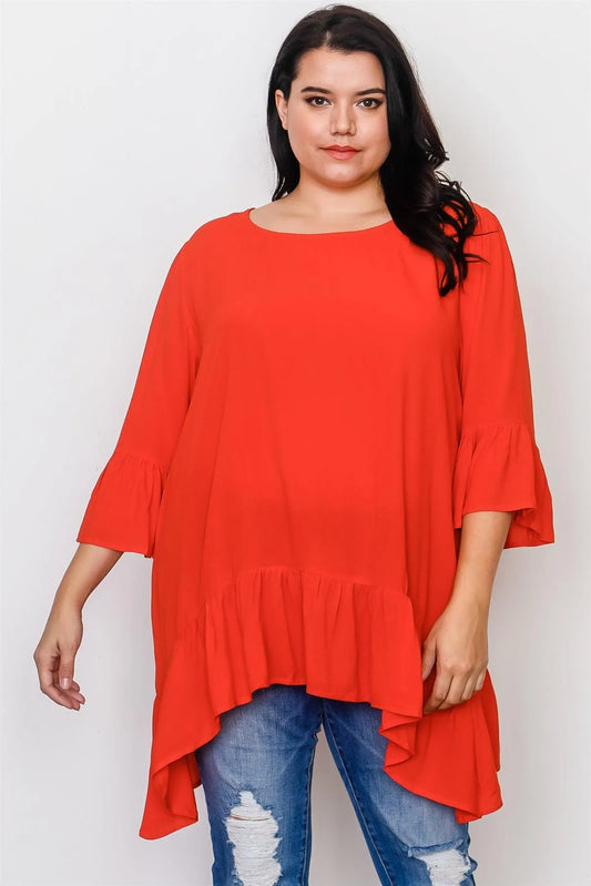 Boho Plus Size Red Ruffle Hem Hi-Low Top / 2-2-2 - Tasha Apparel Wholesale