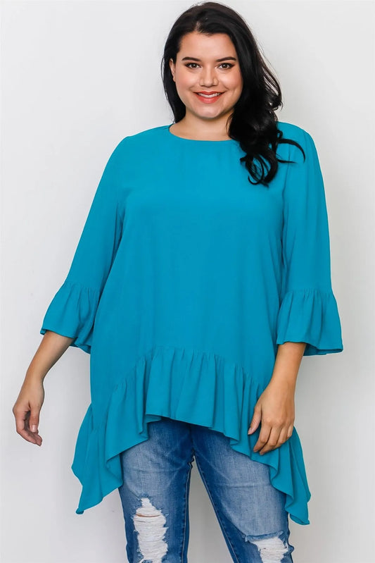Plus Size Turquoise Ruffle Hem Hi-Low Top /2-2-2 - Tasha Apparel Wholesale