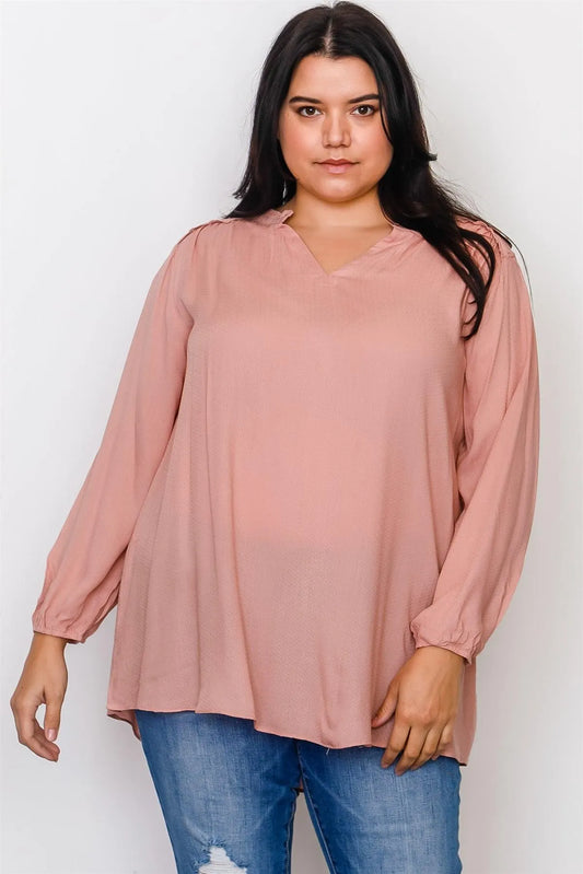 Plus Size Blush V Neck Hi-Low Frill Trim Top /2-2-2 - Tasha Apparel Wholesale
