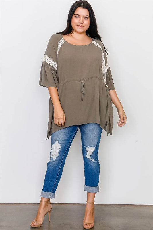 Boho Plus Size Olive Drawstring Waist Crochet Trim Top /2-2-2 - Tasha Apparel Wholesale