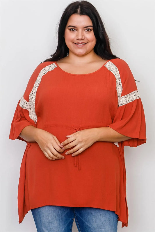 Boho Plus Size Rust Drawstring Waist Crochet Trim Top /2-2-2 - Tasha Apparel Wholesale