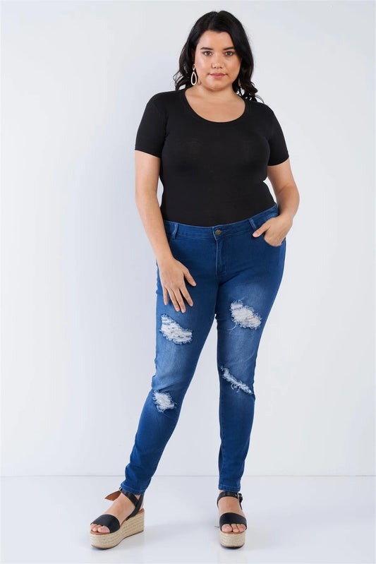 Junior Plus Size Dark Blue Ripped Pants /1-2-3-3-2-1 - Tasha Apparel Wholesale