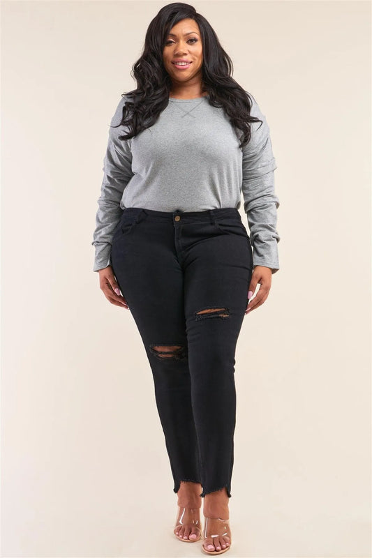 Plus Size Solid Black Low-Mid Rise Tight Fit Ripped Denim Jeans /1-2-3-3-2-1 - Tasha Apparel Wholesale