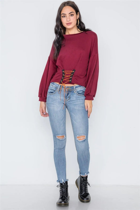 Burgundy Long Sleeve Lace Up Sweater /3-2 - Tasha Apparel Wholesale