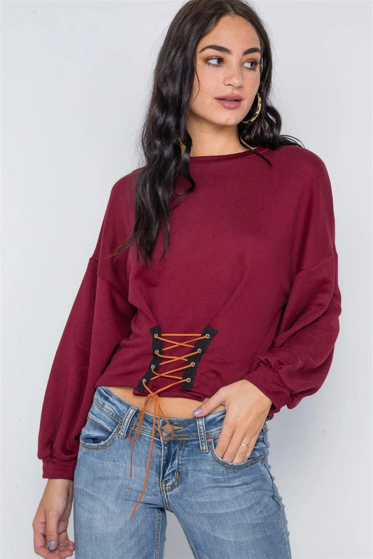 Burgundy Long Sleeve Lace Up Sweater /2-2-2 - Tasha Apparel Wholesale