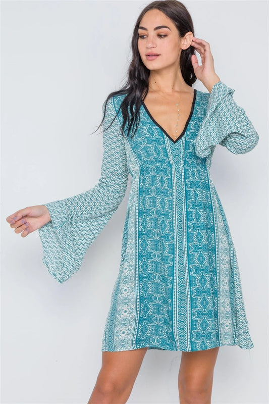Teal Paisley Print Bell Sleeves Mini Boho Dress - Tasha Apparel Wholesale
