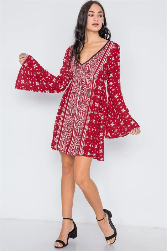 Burgundy Paisley Print Bell Sleeves Mini Boho Dress /1-2-2 - Tasha Apparel Wholesale