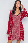 Burgundy Paisley Print Bell Sleeves Mini Boho Dress /2-2-2 - Tasha Apparel Wholesale