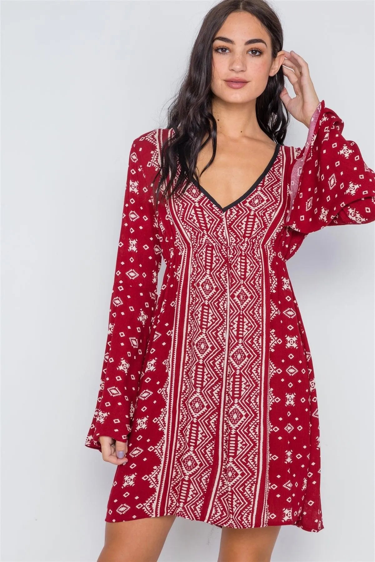 Burgundy Paisley Print Bell Sleeves Mini Boho Dress /2-2-2 - Tasha Apparel Wholesale