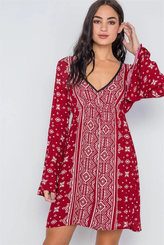 Burgundy Paisley Print Bell Sleeves Mini Boho Dress /2-2-2 - Tasha Apparel Wholesale