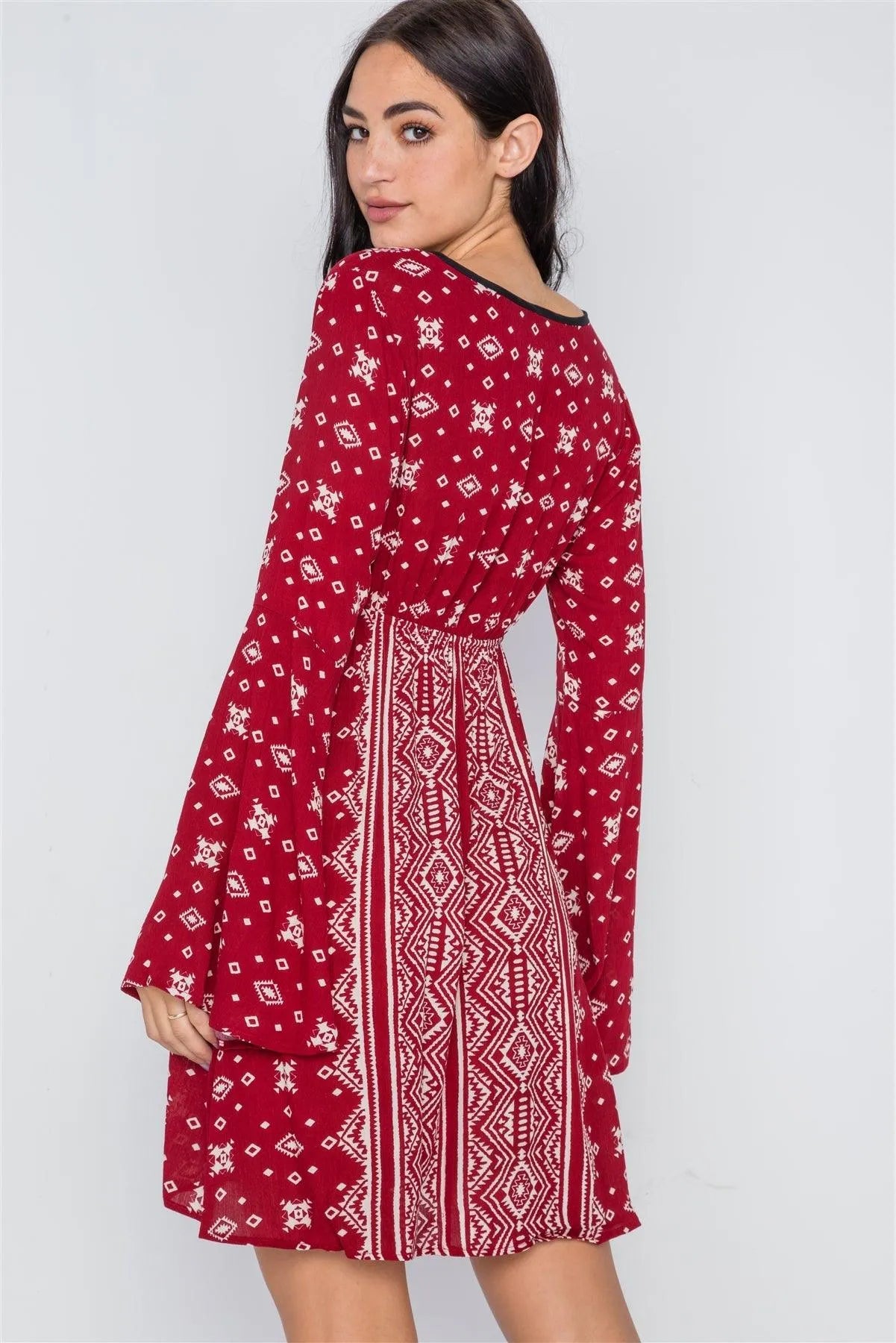 Burgundy Paisley Print Bell Sleeves Mini Boho Dress /2-2-2 - Tasha Apparel Wholesale