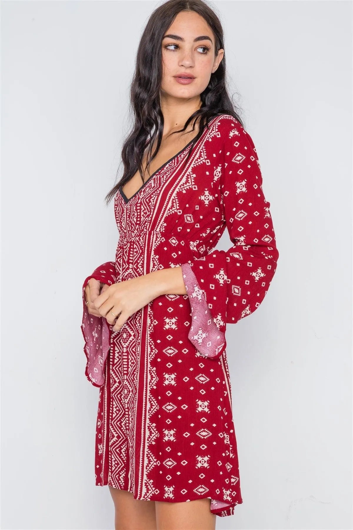 Burgundy Paisley Print Bell Sleeves Mini Boho Dress /2-2-2 - Tasha Apparel Wholesale