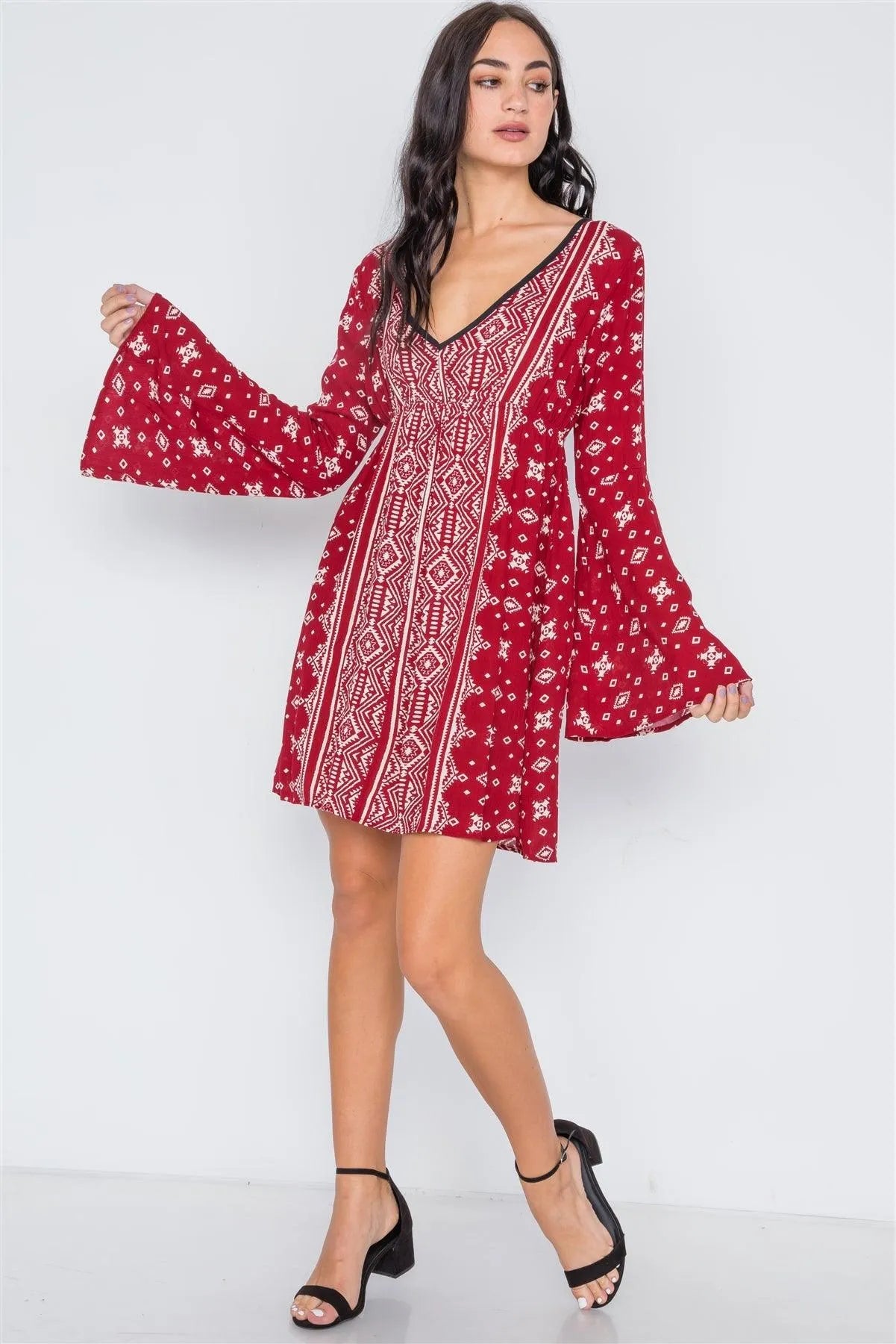 Burgundy Paisley Print Bell Sleeves Mini Boho Dress /2-2-2 - Tasha Apparel Wholesale